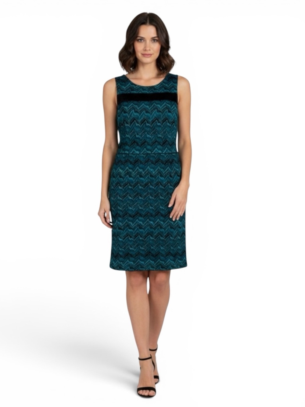 Missoni Designer Deep Ocean Blue & Black Zig Zag Knit Sleeveless Sheath Dress
